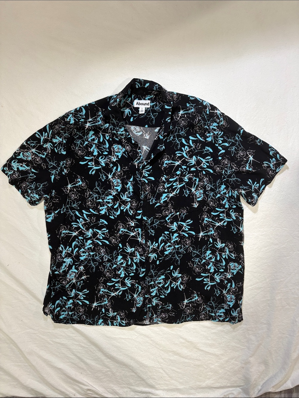 Abound Men’s XL Black Teal Blue Abstract Floral Short Sleeve Button Up Shirt